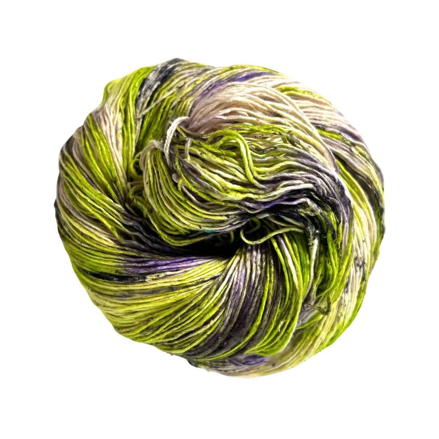 lace weight recycled silk yarn in greens and purples and creams