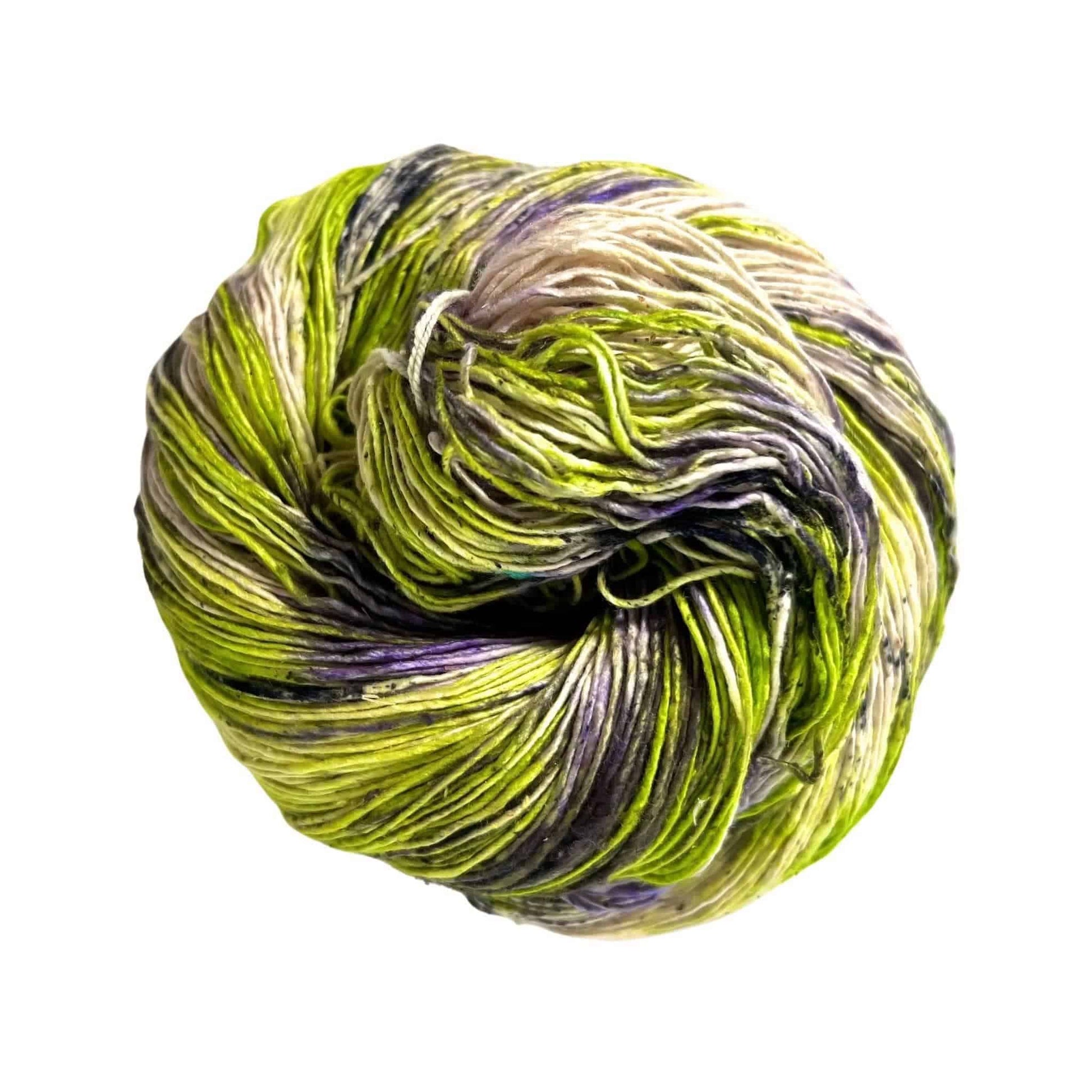 lace weight recycled silk yarn in greens and purples and creams