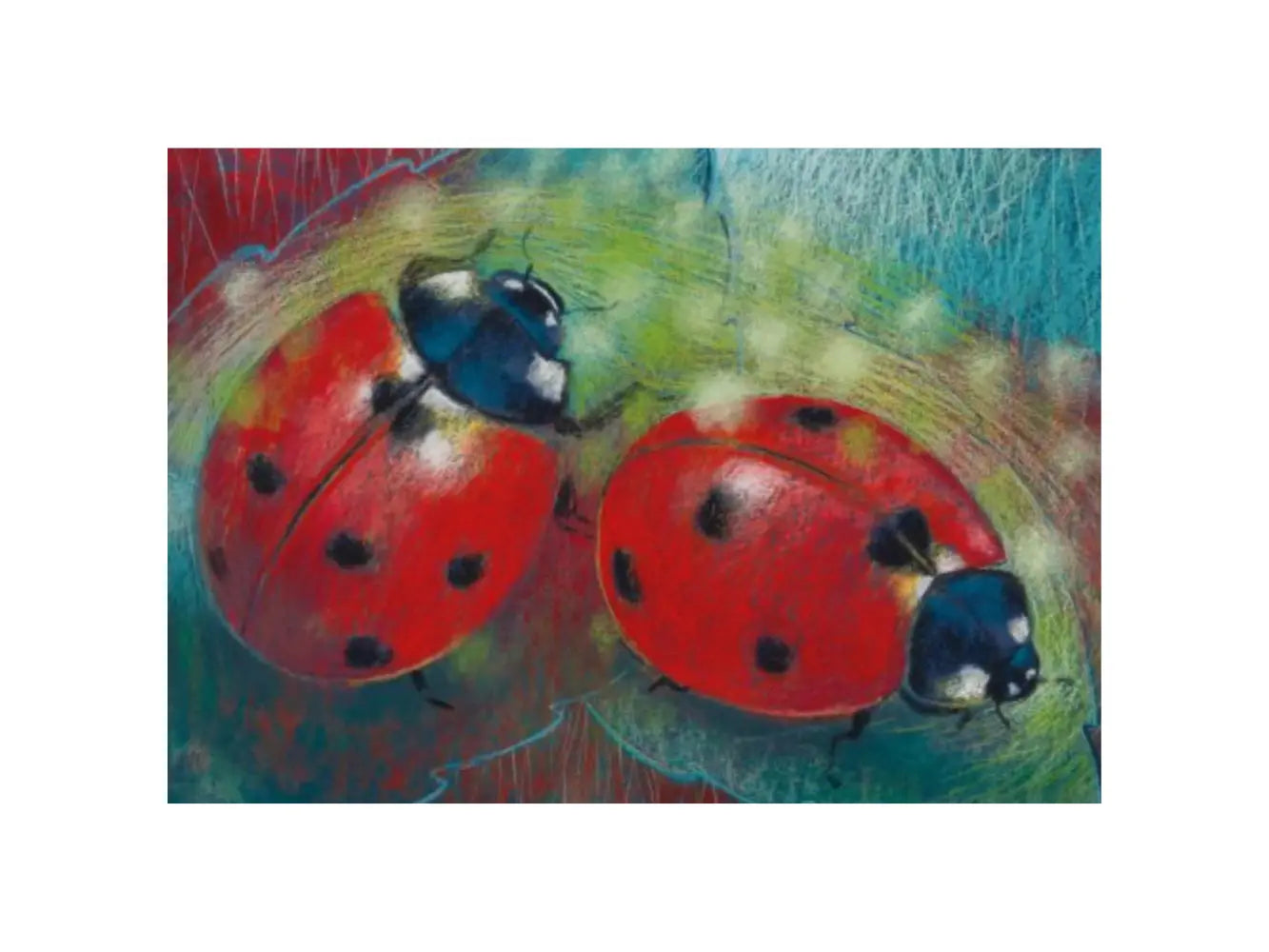 Two red ladybugs on a textured background