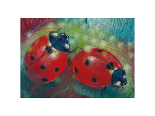 Two red ladybugs on a textured background