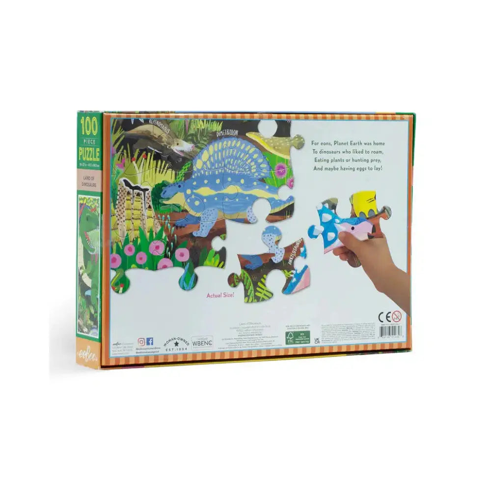 Jigsaw puzzle box with dinosaur illustrations on a white background