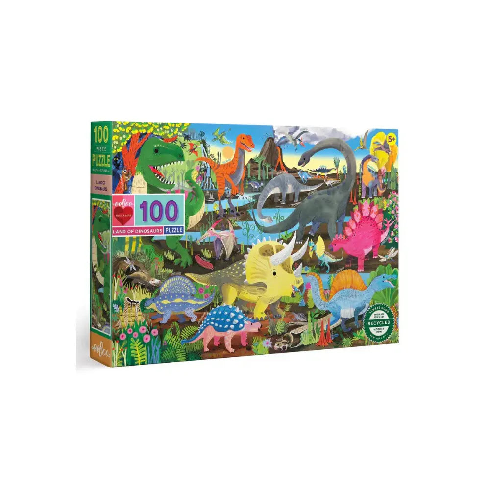 Dinosaur-themed puzzle box with colorful illustrations on a white background