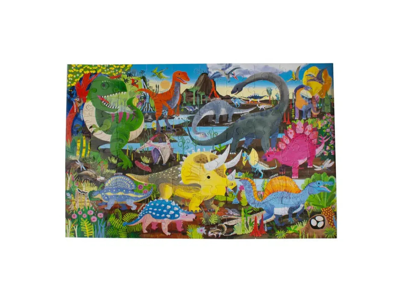 Children's puzzle with colorful dinosaur illustrations on a white background