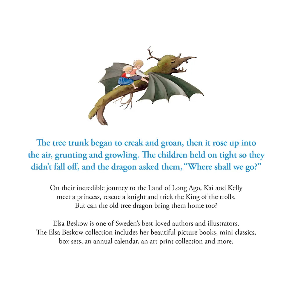 Back of book illustration of a child riding a dragon with text about a journey to the Land of Long Ago.
