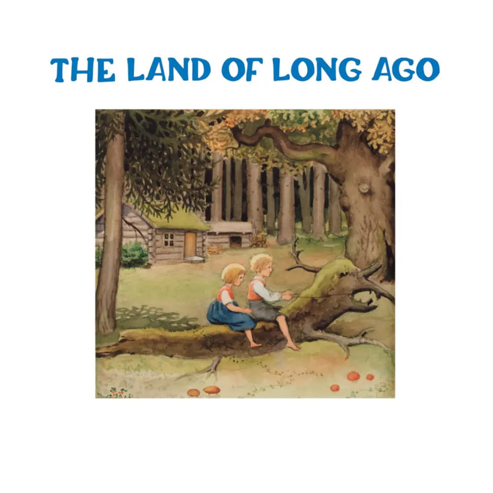 Title page titled 'The Land of Long Ago' with two children sitting under a tree in a forest.