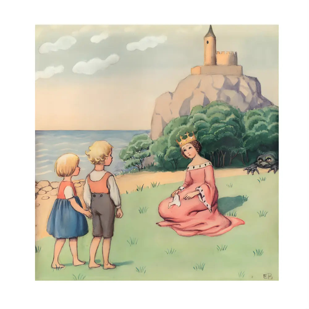 Illustration of a princess in a pink dress sitting on the grass, watched by two children with a castle in the background.