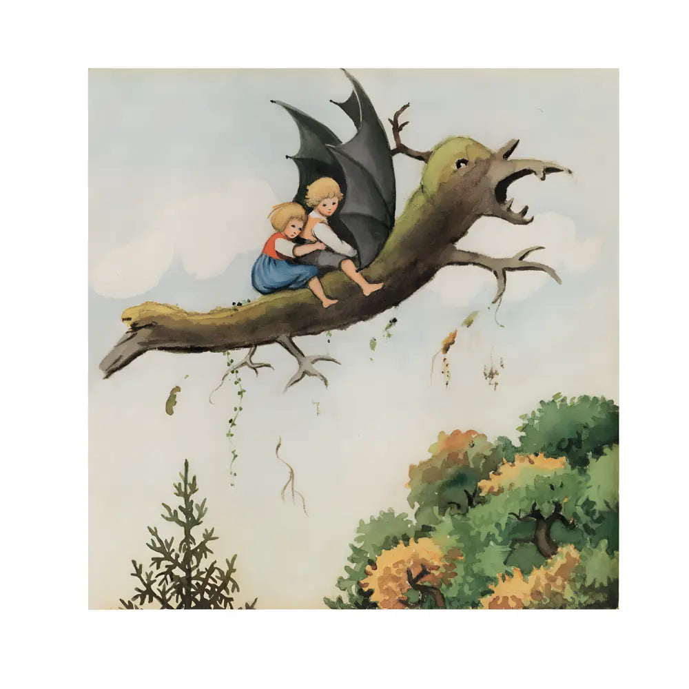 Illustration of two children on a branch with a dragon-like creature, set against a forest background.