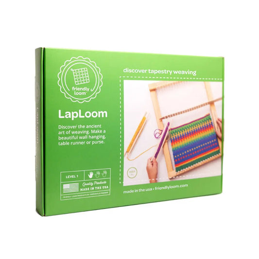 LapLoom packaging with green background and image of weaving kit