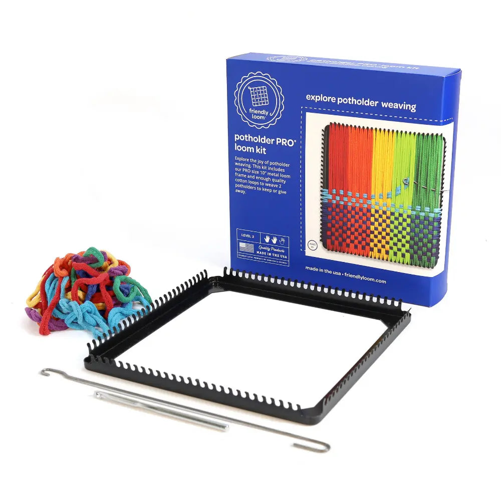 Pot holder PRO loom kit with colorful cotton bands and packaging on a white background