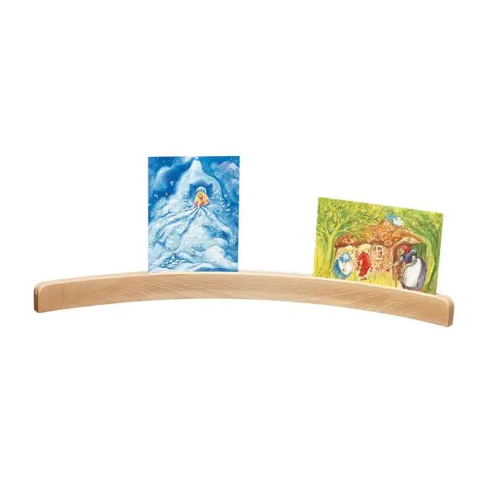 Large curved wooden postcard holder with two postcards on white background