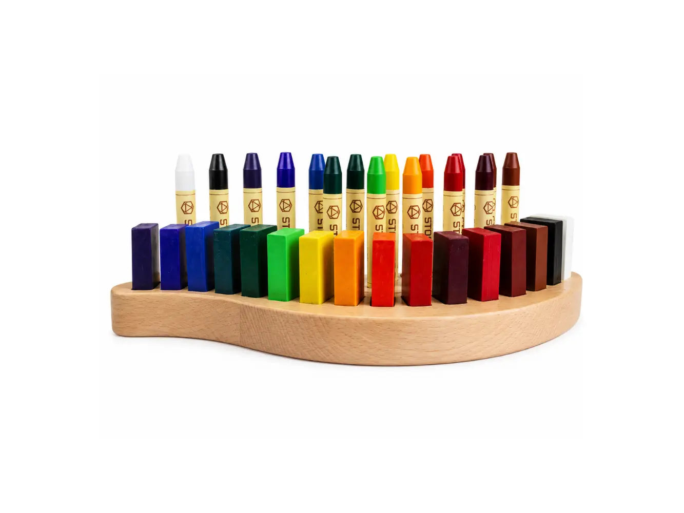 Set of colorful crayons on a wooden holder against a white background
