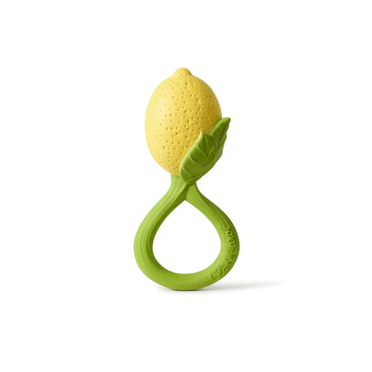 Lemon natural rubber rattle and teether filled with upcycled cherry seeds