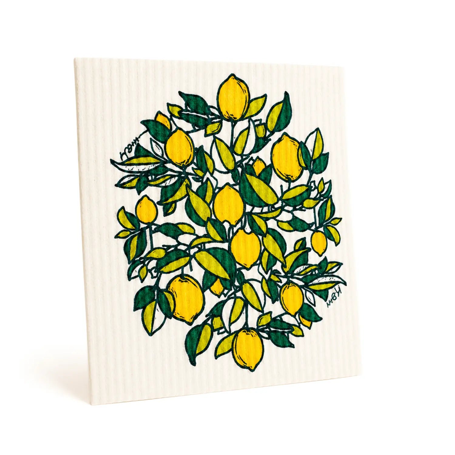 Reusable Swedish dishcloth with yellow lemons and green leafy branches