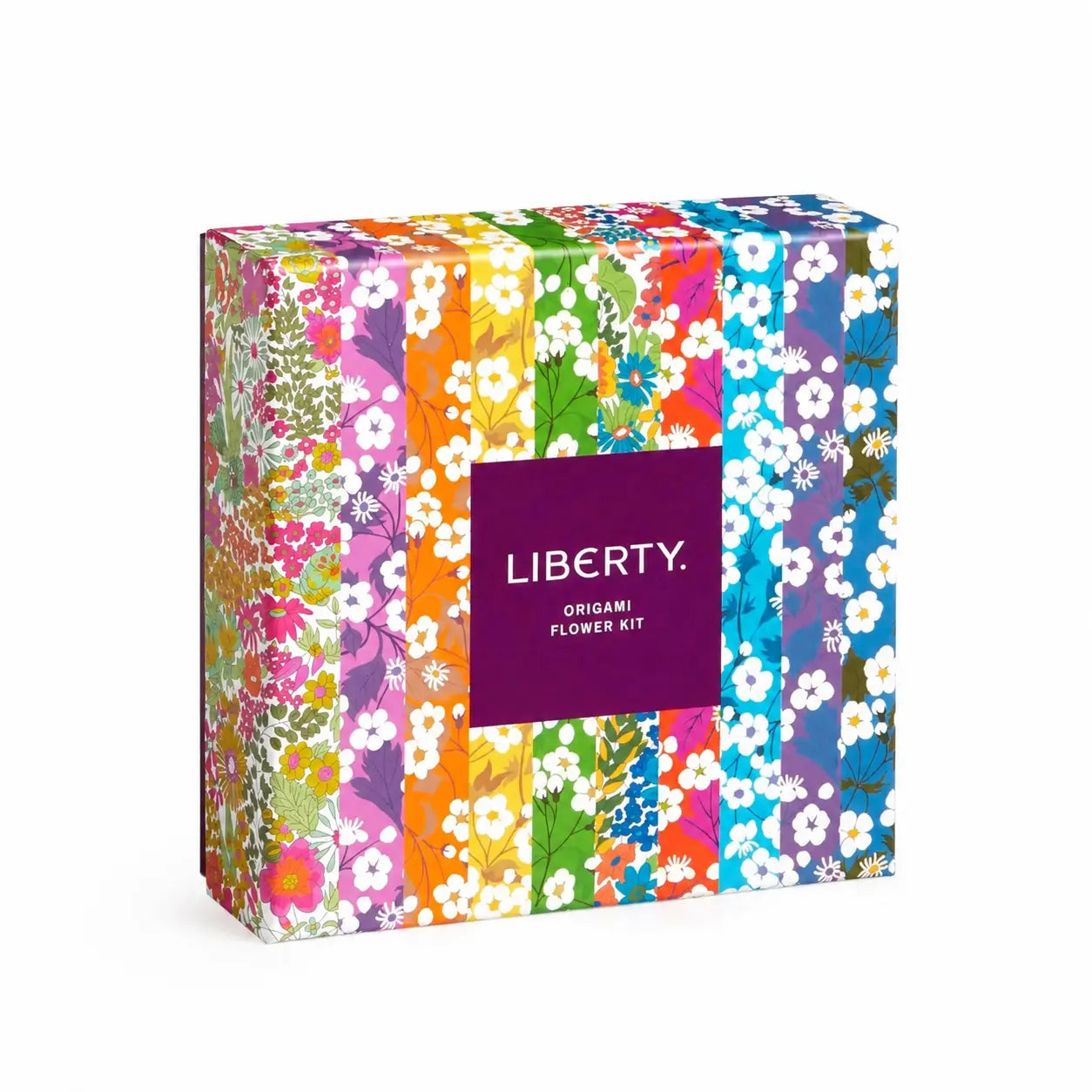 Liberty Origami Flower Kit box featuring a vibrant multicolor floral pattern with a central purple label.