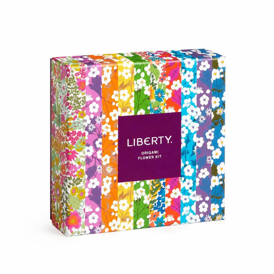 Liberty Origami Flower Kit box featuring a vibrant multicolor floral pattern with a central purple label.