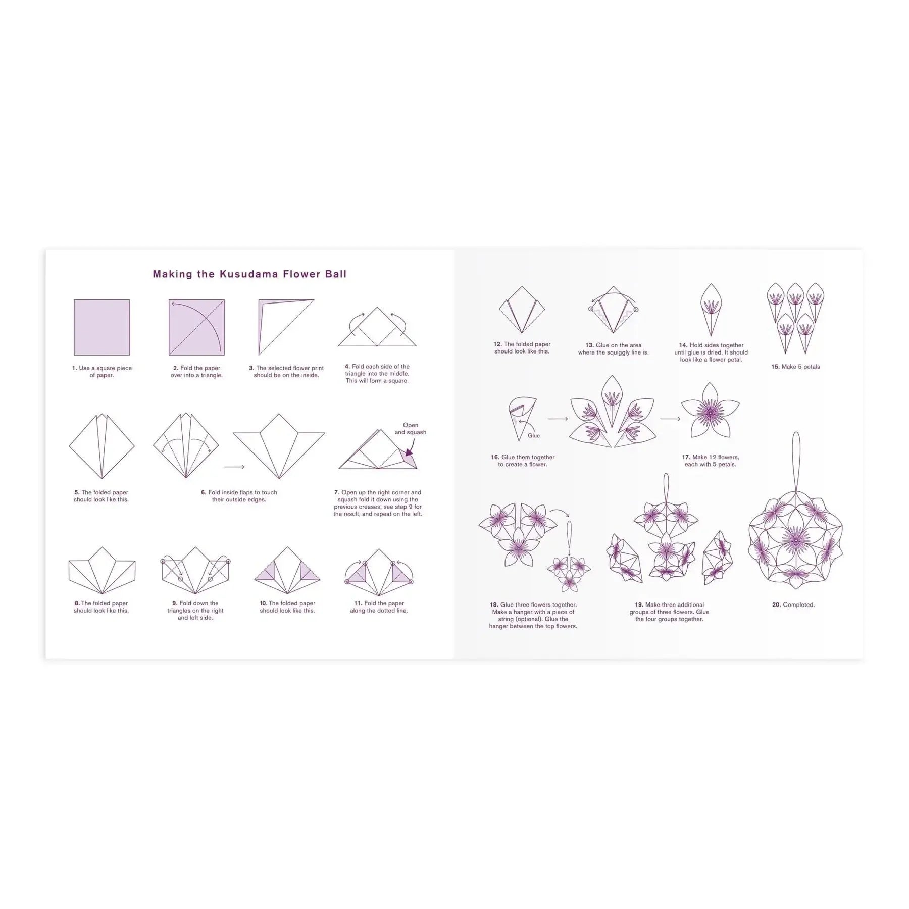 Illustrated instructions for folding Liberty origami flowers and a Kusudama flower ball.