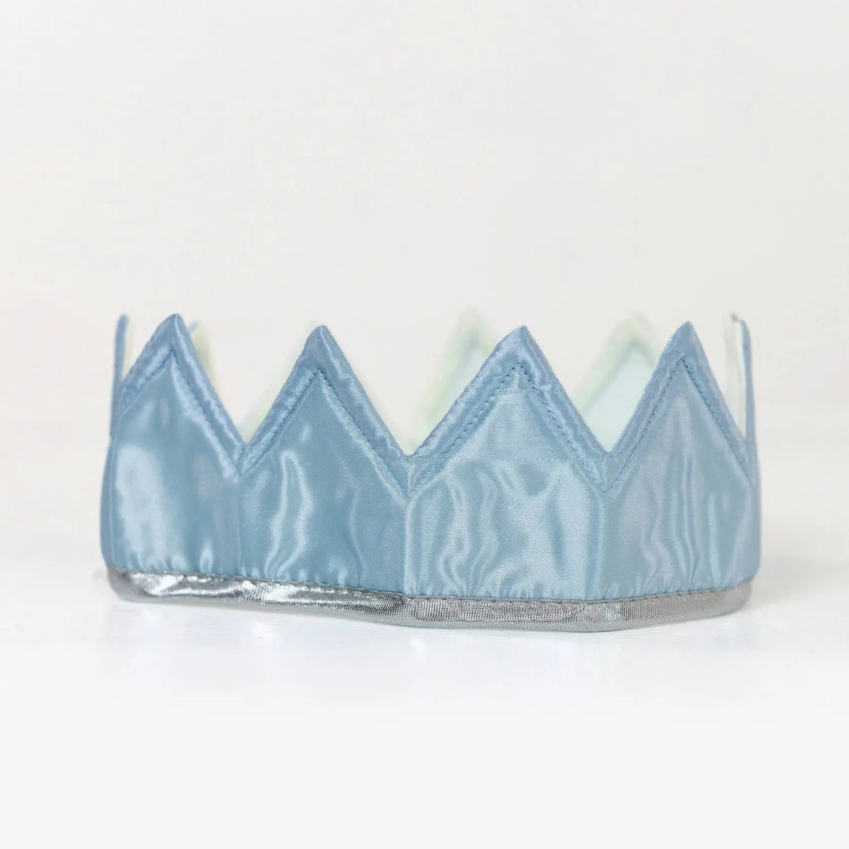 Light blue and silver satin dress-up crown with silver trim for imaginative dress-up play