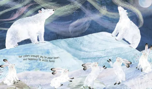 Illustration of polar bears and Arctic foxes on ice with text about colors and happiness.