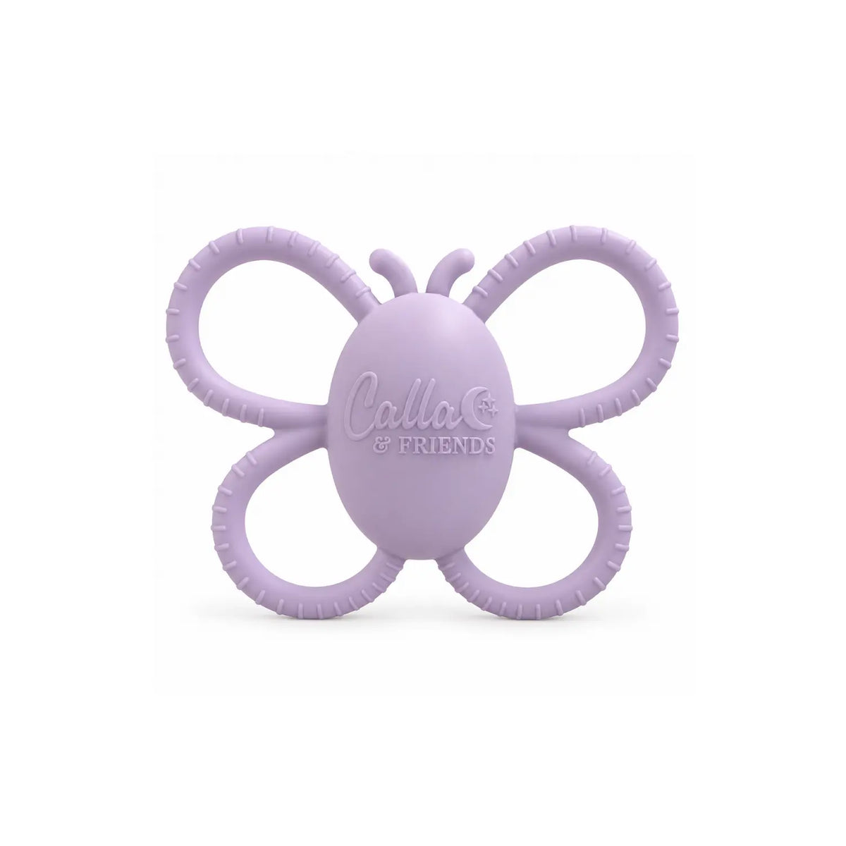 Lilac Calla & Friends silicone butterfly rattle teether with easy-to-grasp textured wings