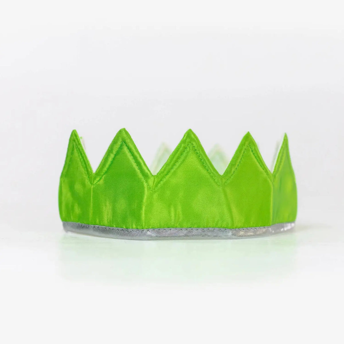 Lime green satin dress-up crown with silver trim for imaginative dress-up play