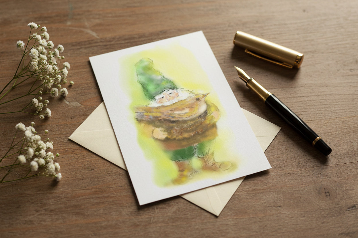 Gnome in green cap holding a bird in a birds nest next to fountain pen and flowers on a desktop