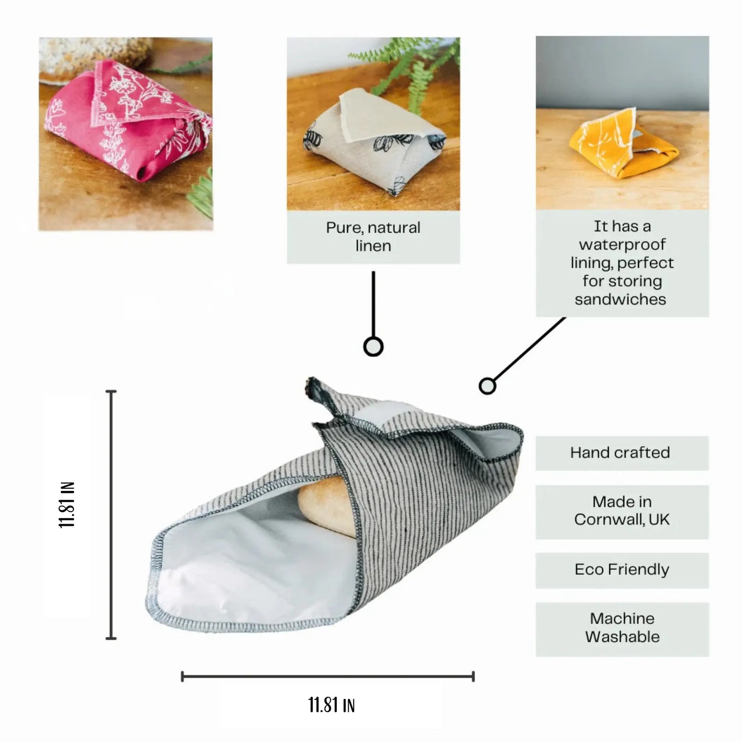 Linen sandwich wrap with features and dimensions on a white background