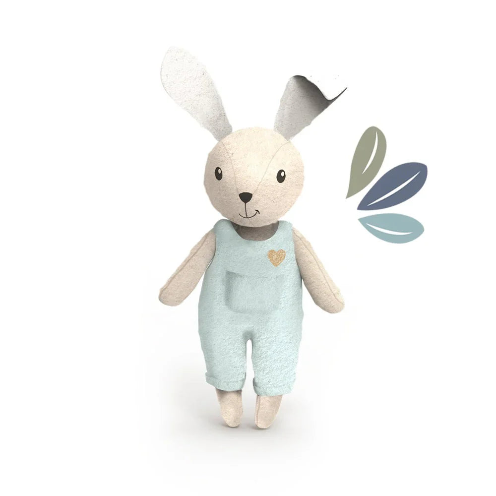 Linen bunny dollhouse character wearing soft outfit for imaginative pretend play