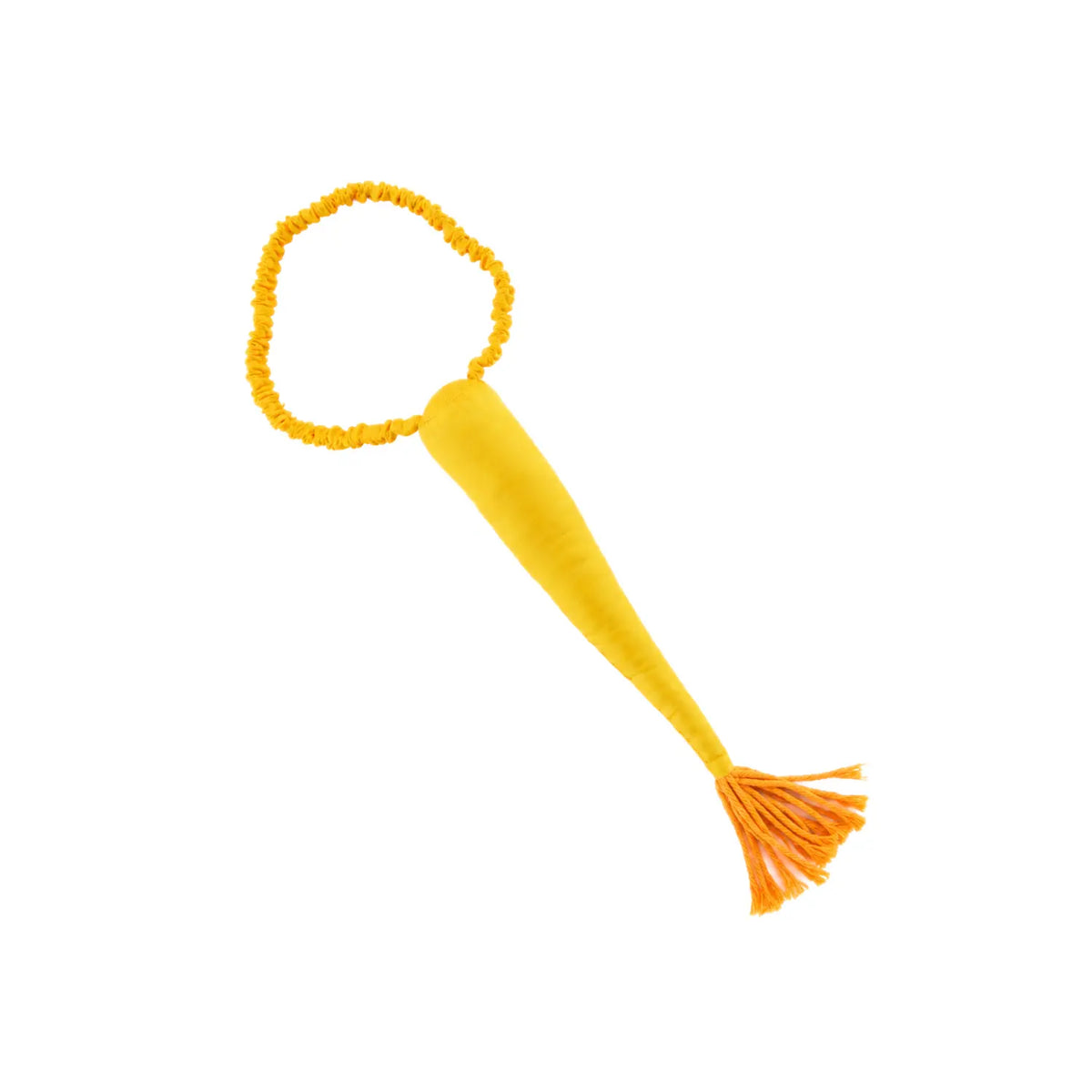 Sarah's Silks lion tail in golden yellow with an orange tassel tip and stretchy elastic waistband, on a white background