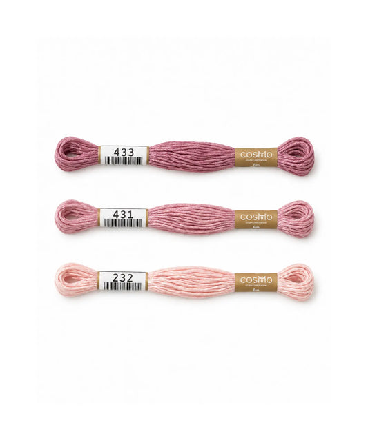 Three skeins of pink embroidery floss with labels on a white background