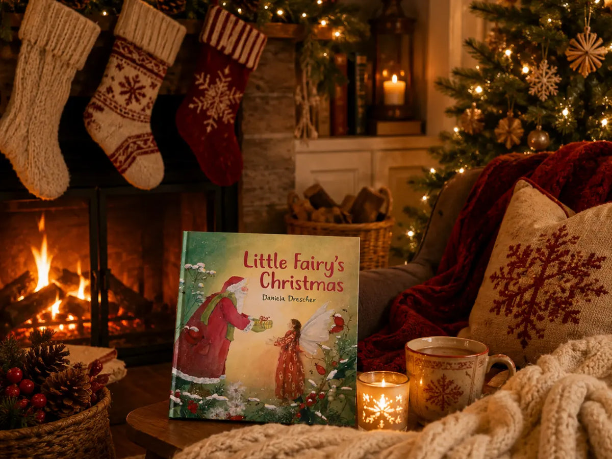 Cozy Christmas scene with a book titled 'Little Fairy's Christmas', lit candles, and stockings by a fireplace.