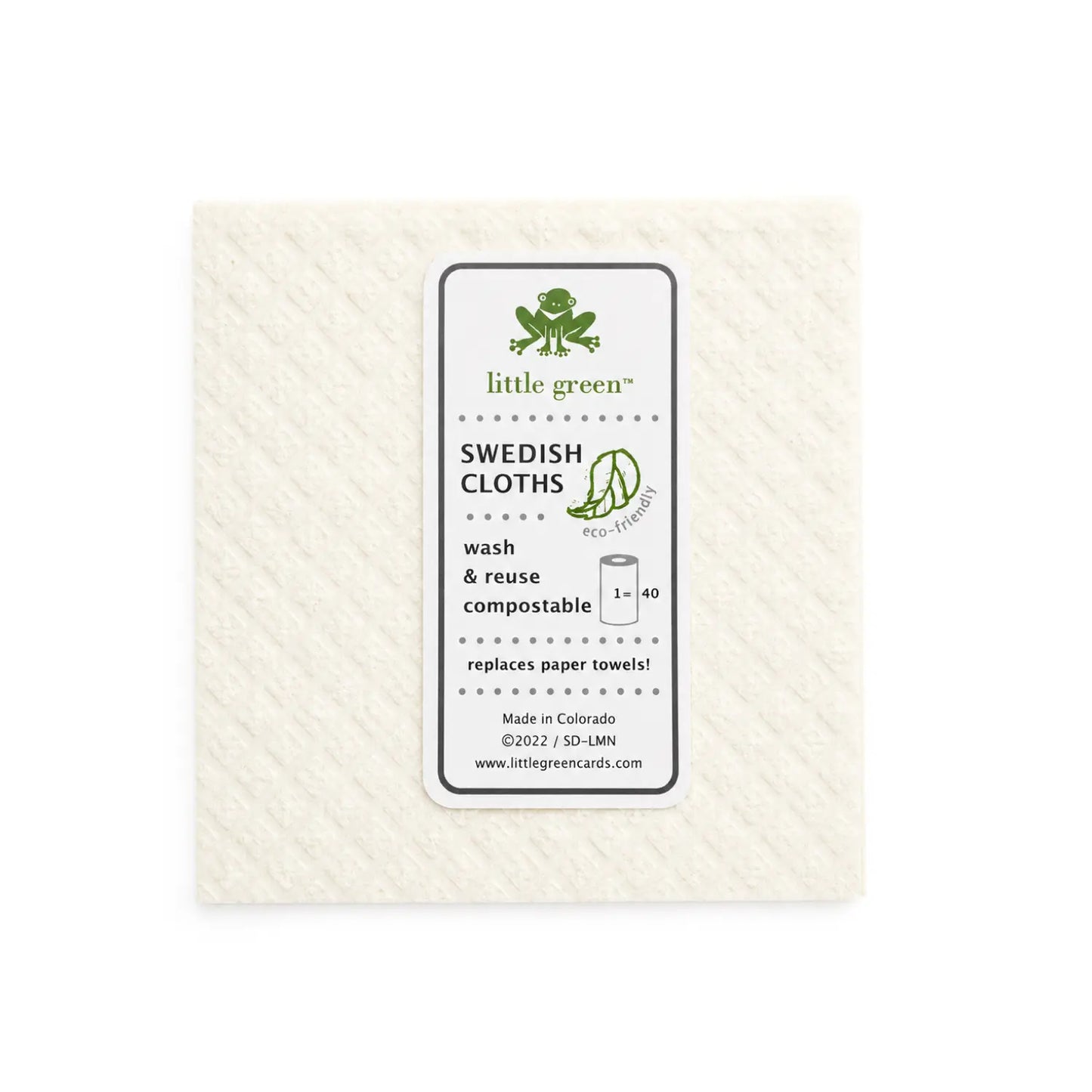 Back of a Little Green Swedish dishcloth showing washable, reusable, compostable product details