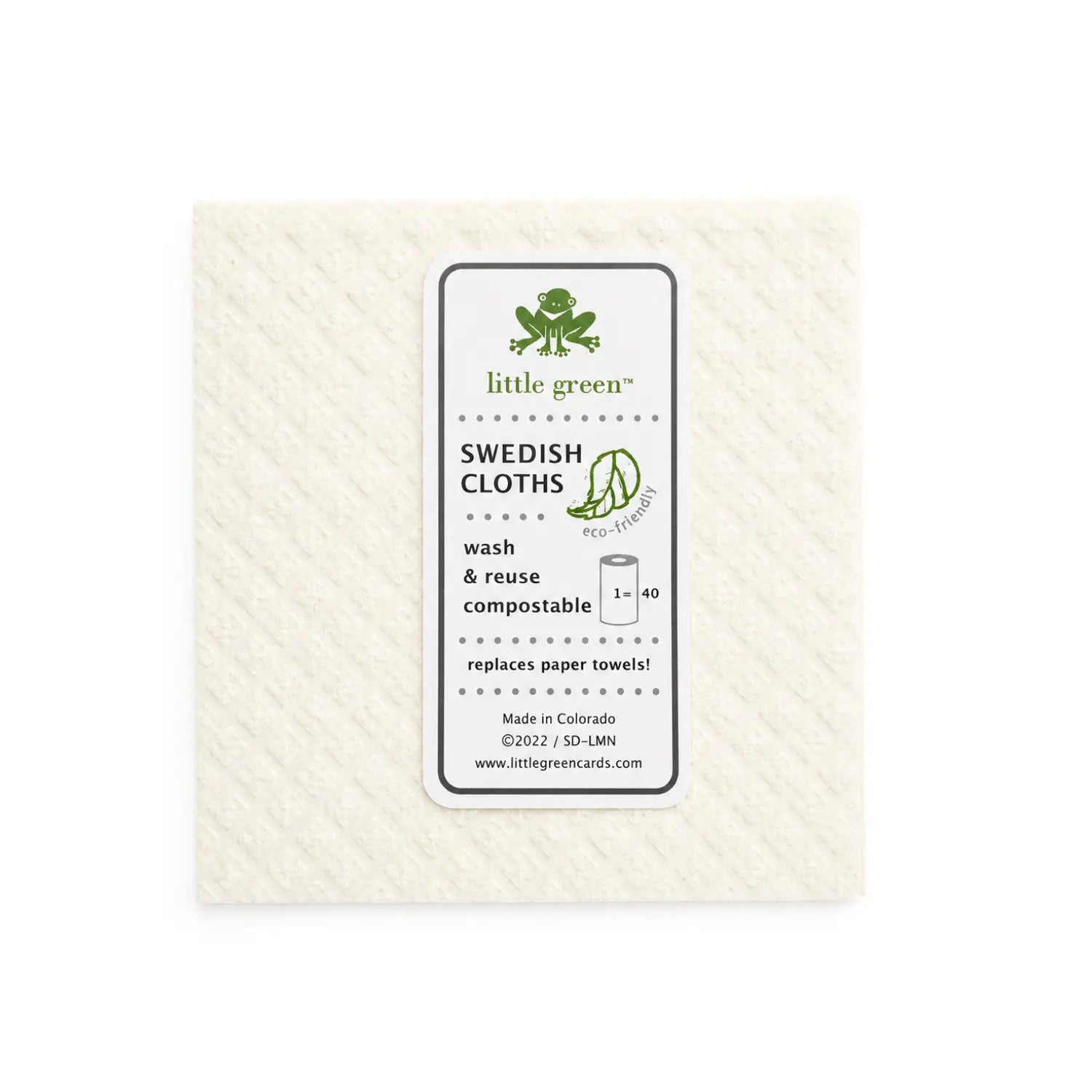 Back of a Little Green Swedish dishcloth showing washable, reusable, compostable product details
