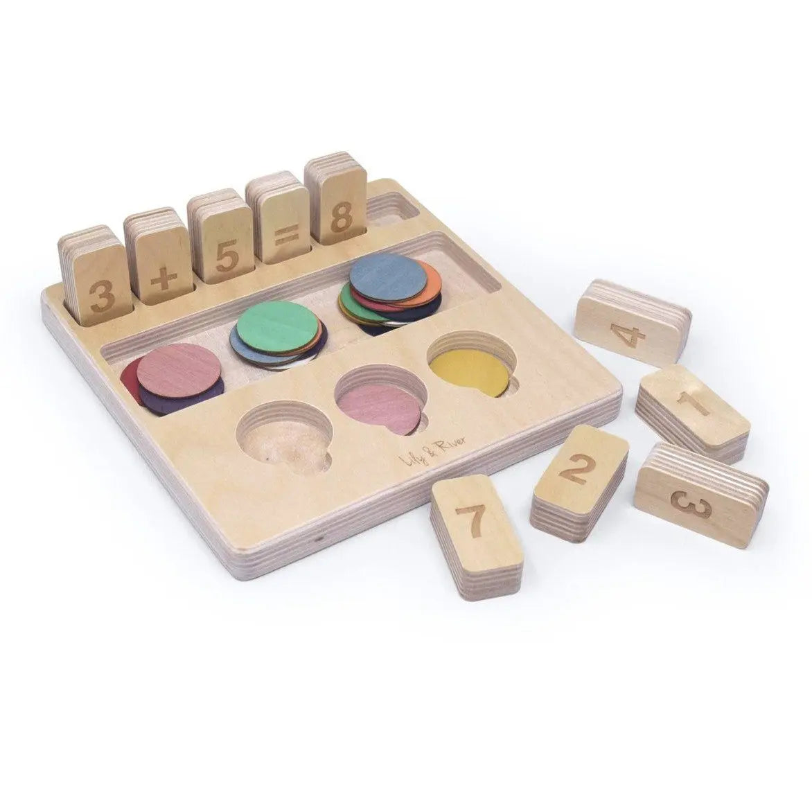 Wooden educational toy with number blocks and colorful circular pieces on a white background