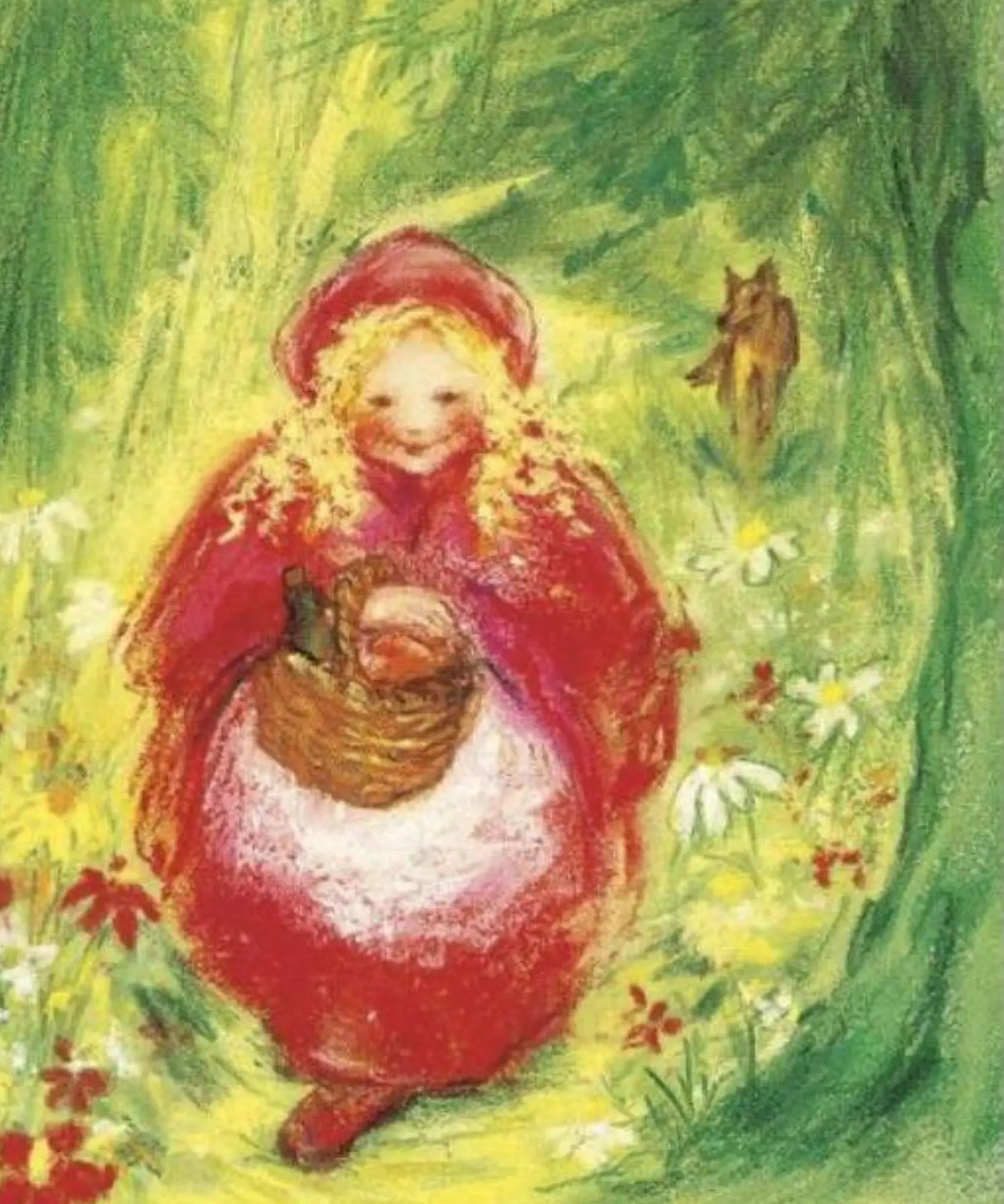 Marjan van Zeyl's Fairy Tale Postcard showing Riding Hood walking in the forest with her basket