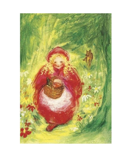 Marjan van Zeyl's Fairy Tale Postcard showing Riding Hood walking in the forest with her basket