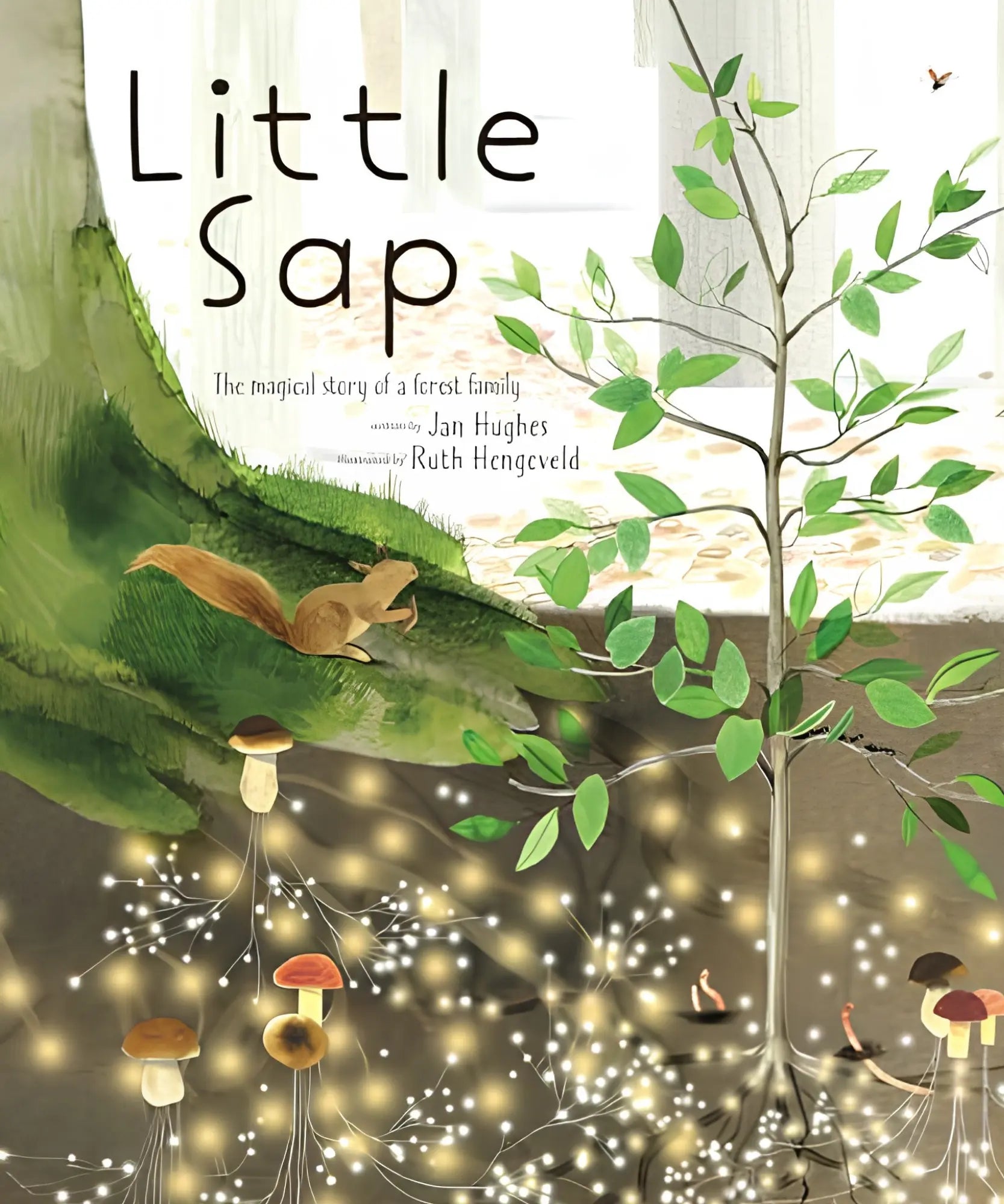 Book cover of 'Little Sap' with illustrations of a tree, squirrel, and mushrooms.