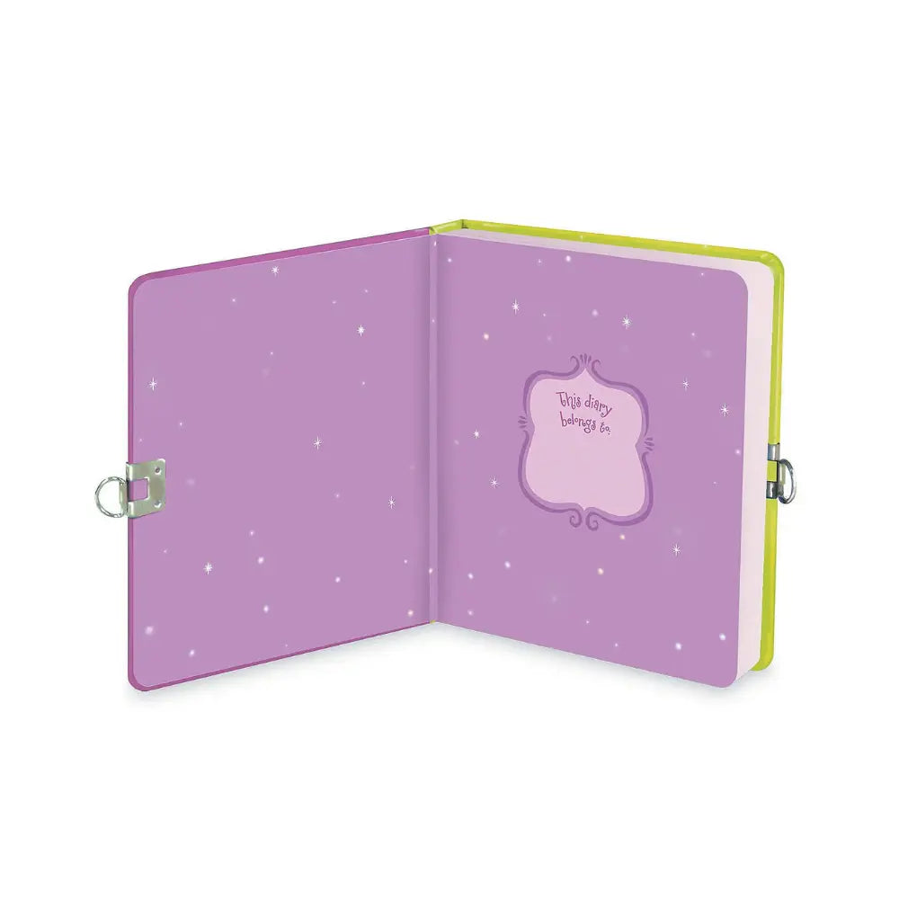 Inside view of fairy locking diary with foil cover, lined pages, lock, and keys for children