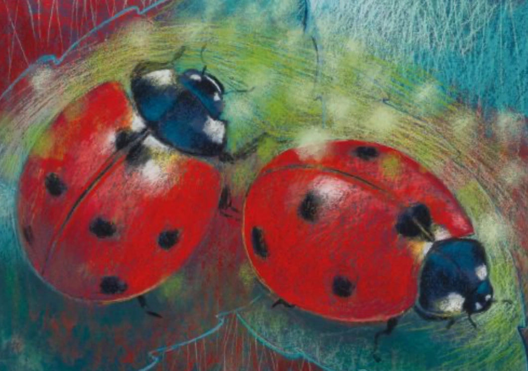 Loes Botman Red Ladybugs Art Postcard of two ladybugs on a leaf