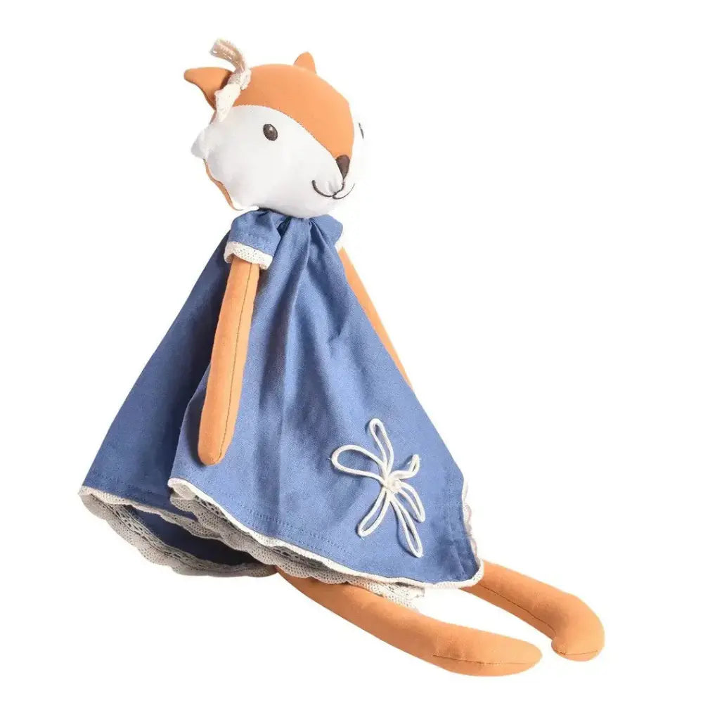 Stuffed long limbed rag doll with a blue blanket draped over it on a white background