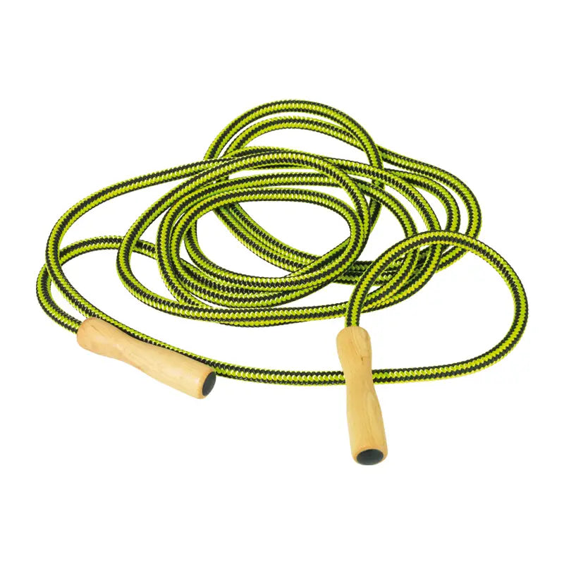 Green long skipping rope with wooden handles coiled up loosely on a white background