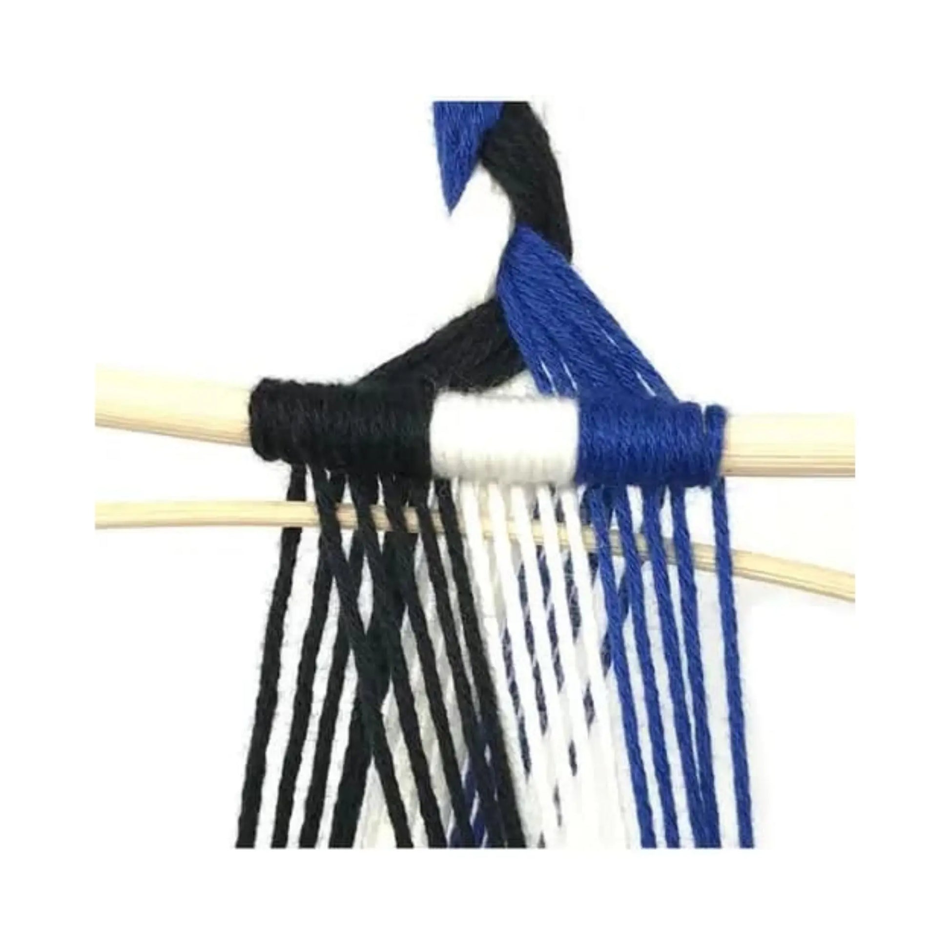 Close-up of blue, white, and black yarn being woven without a loom on wooden sticks