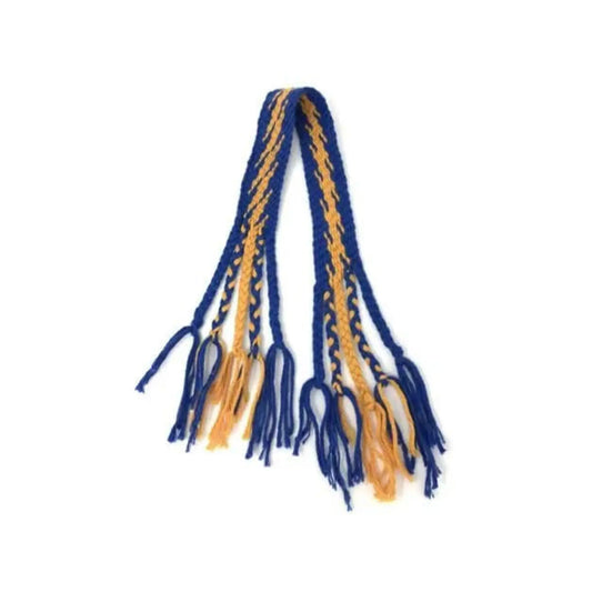 Finished blue and gold loomless weaving project made with yarn and fringe