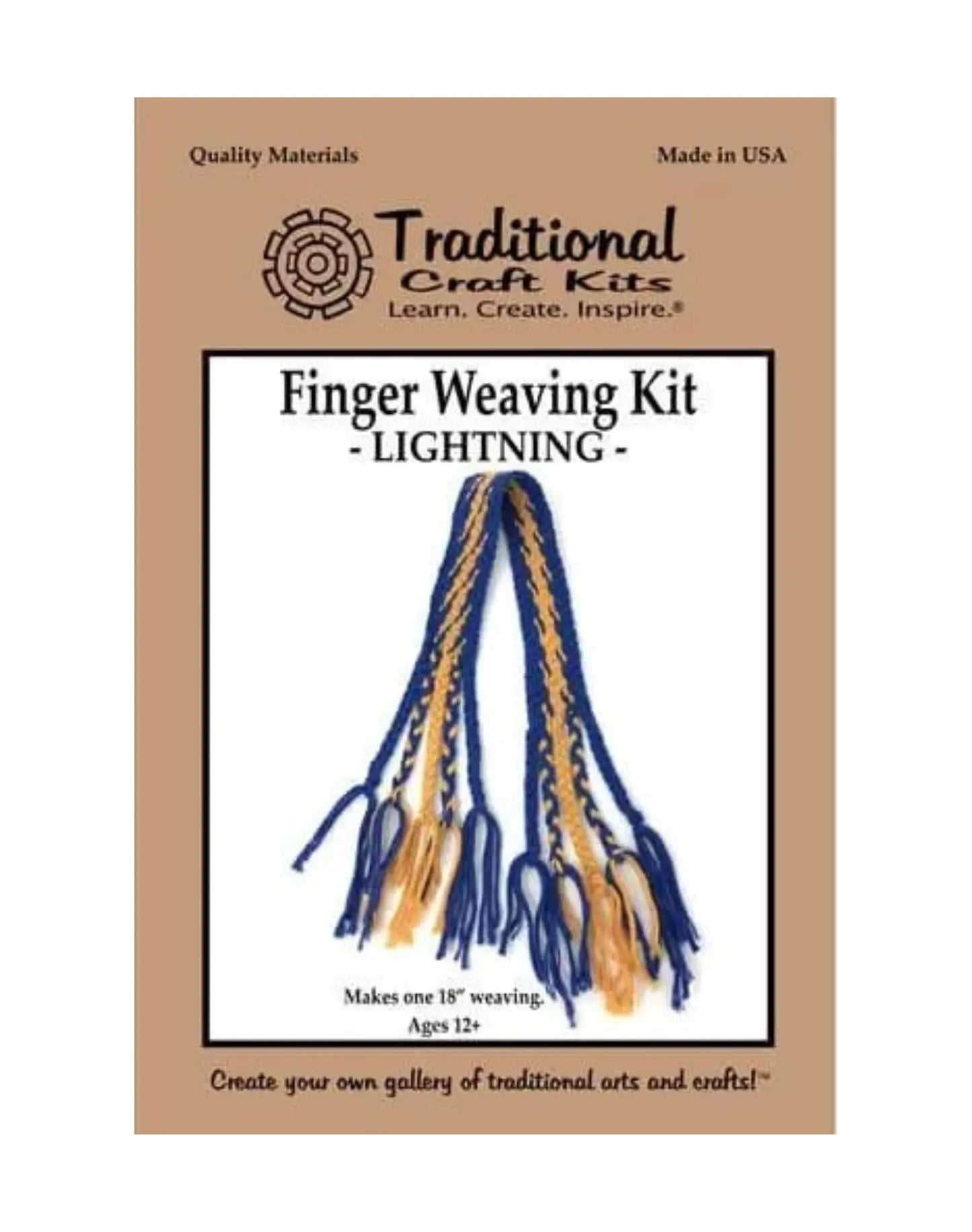 Loomless weaving kit packaging for the Lightning blue and gold finger weaving project