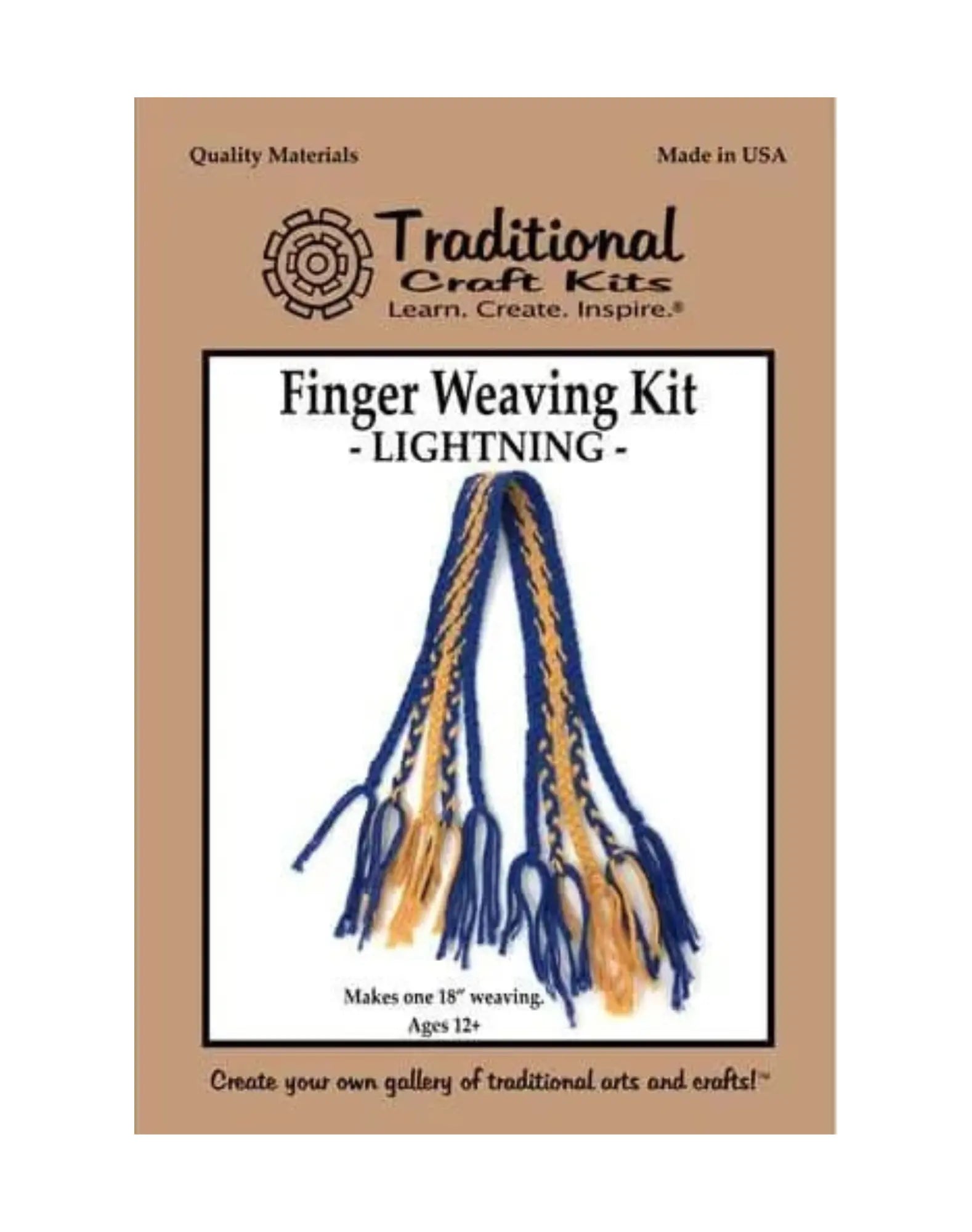 Loomless weaving kit packaging for the Lightning blue and gold finger weaving project