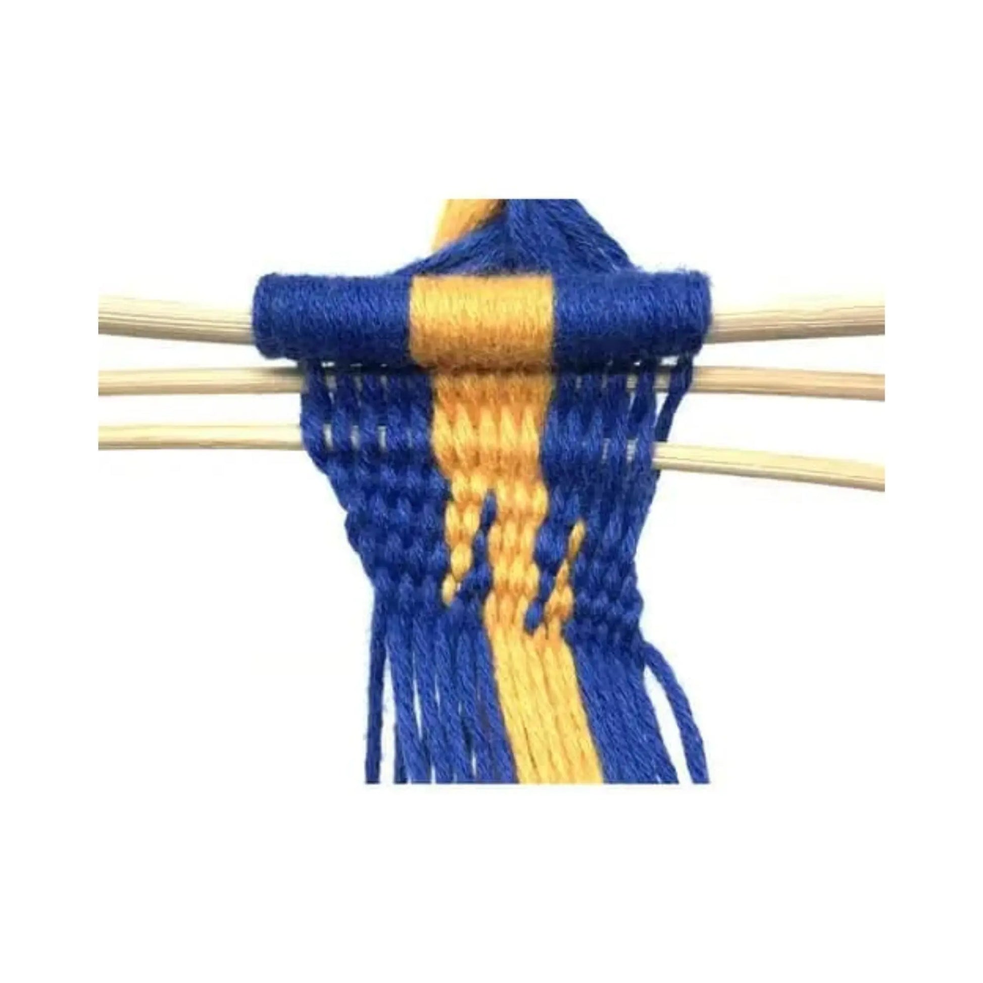 Blue and gold loomless weaving project in progress on wooden sticks