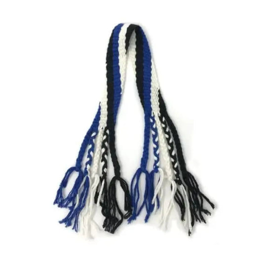 Finished blue, white, and black loomless weaving project made with yarn and fringe