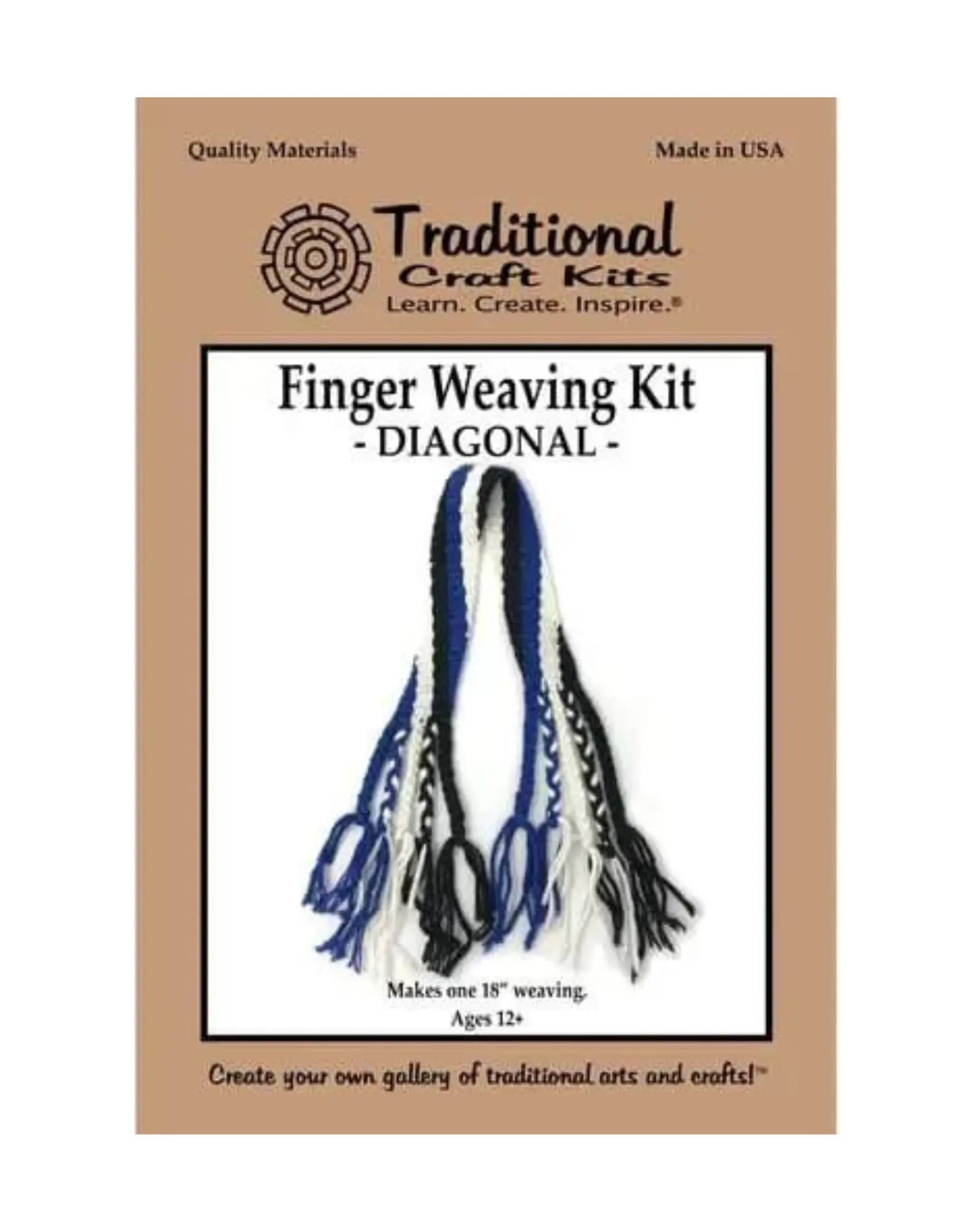Loomless weaving kit packaging for a diagonal blue, white, and black finger weaving project