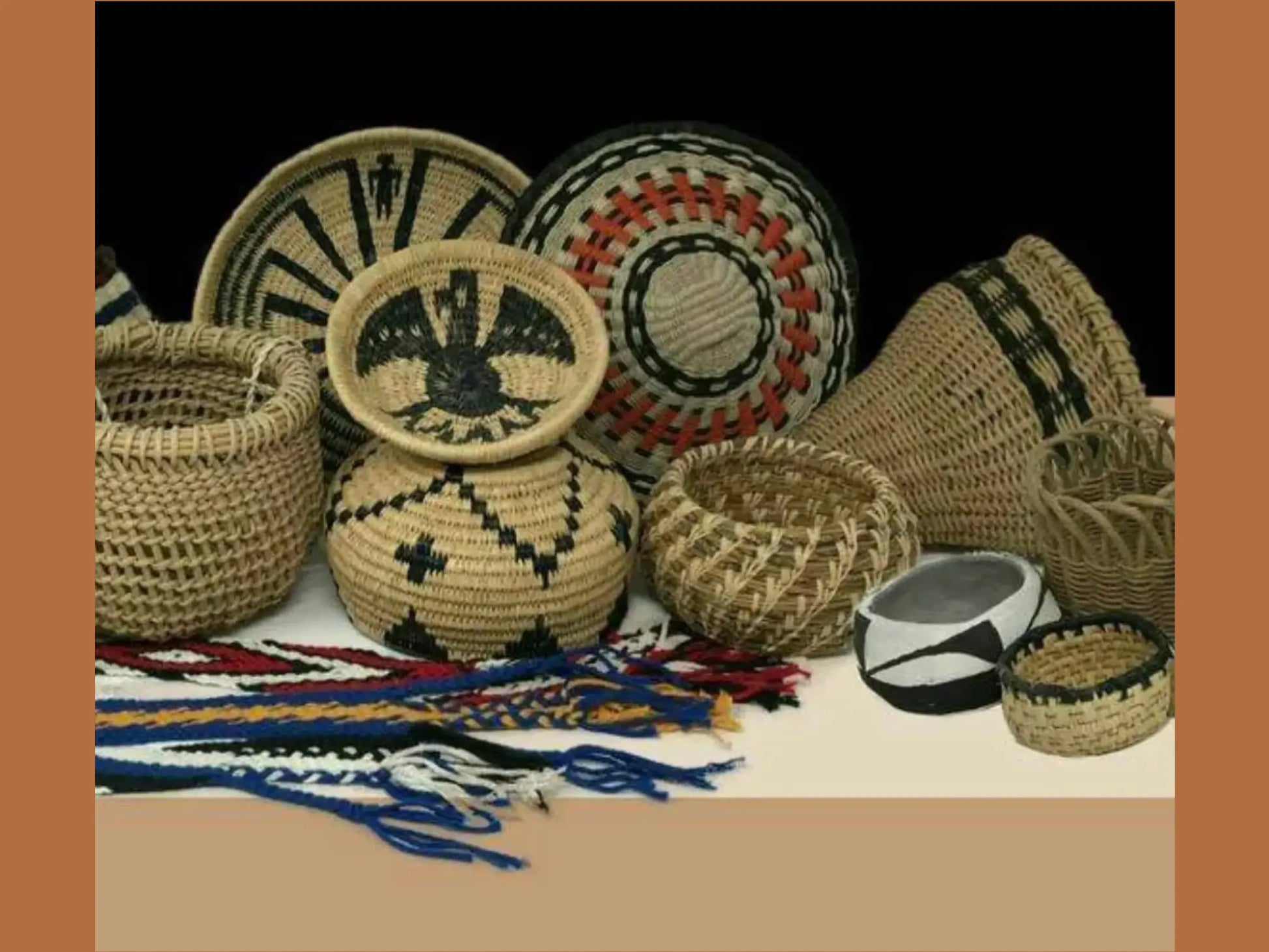 Traditional finger weaving inspiration image with woven bands, baskets, and blue, white, and black yarn