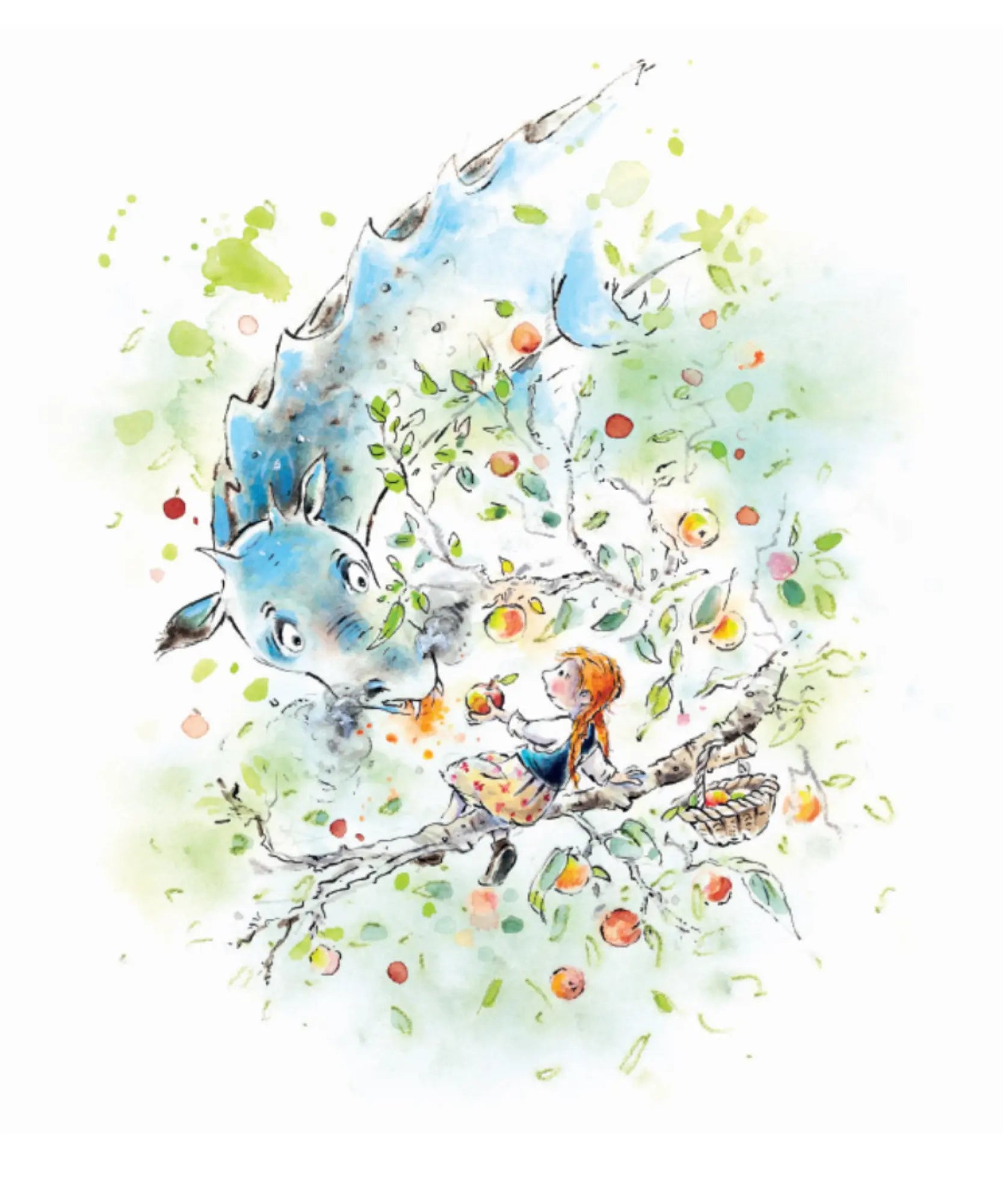 Illustration of a blue dragon and a girl in an apple tree with colorful leaves and birds.