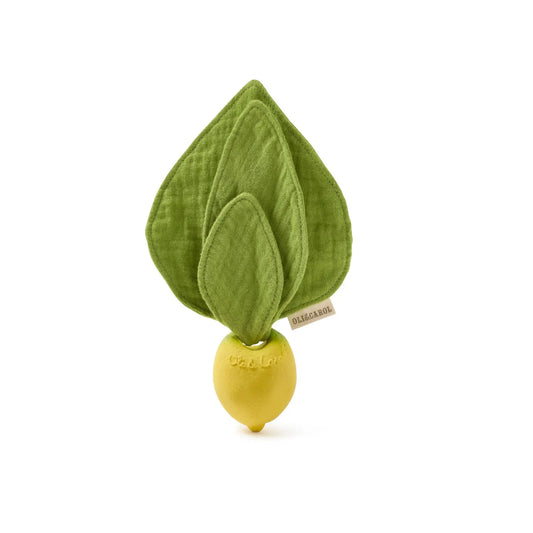 Lou the Lemon natural rubber teether lovey with green organic cotton muslin leaves